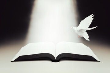 The shining word of life, the Bible, the bright beam of light, and the white dove of the Holy...