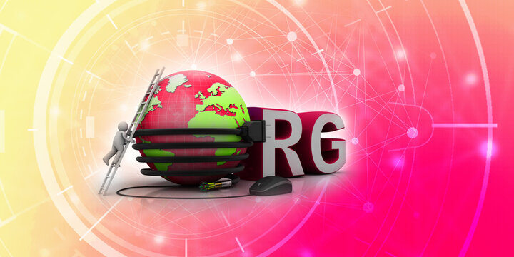 3d illustration internet domain org connected mouse with mobile charging cable connected globe near technician