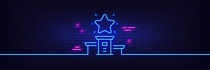 Neon light glow effect. Winner podium line icon. First place sign. Best rank star symbol. 3d line neon glow icon. Brick wall banner. Winner podium outline. Vector