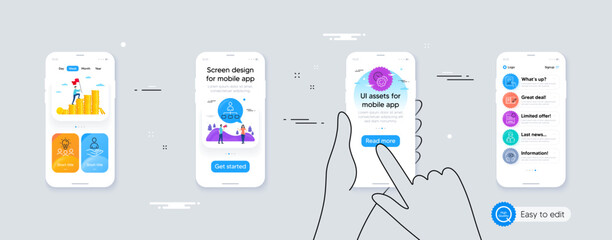 Set of Management, Time management and Business idea line icons. Phone ui interface. Include Recruitment, Headphones, Feedback icons. Document, Recovery ssd, Woman read web elements. Vector