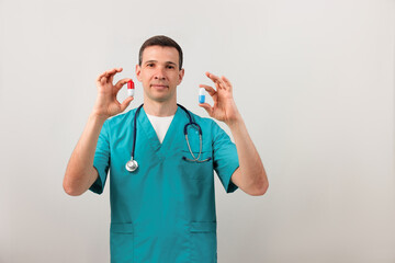 Doctor holding pills. Medical concept. Copy space.