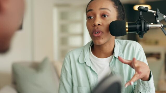 Radio interview, podcast or black woman speaker or man influencer with communication, live stream or broadcast conversation. Dj, journalist or social media host doing virtual interview in home studio
