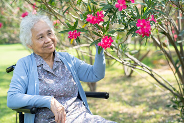 Asian senior or elderly old lady woman holding red flower, smile and happy in the sunny garden.