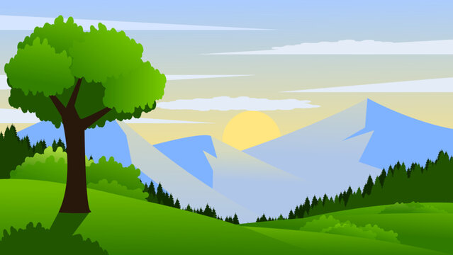 landscape of mountains, trees and grassland sunset