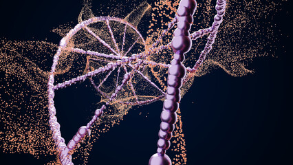 3d illustration of a light pink DNA chain on a black background with pink shining light.
