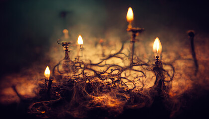 Spooky background of candles burning in Halloween night. Digital illustration