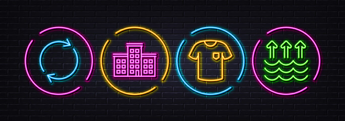 Company, Full rotation and T-shirt minimal line icons. Neon laser 3d lights. Evaporation icons. For web, application, printing. Building, Refresh or reload, Short sleeves shirt. Global warming. Vector