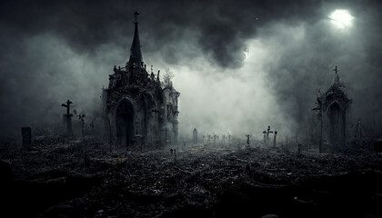 Night scene with creepy church and ghost. Digital art for Halloween.