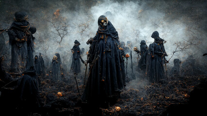 Grim reaper with haunted, creepy graveyard.Digital art