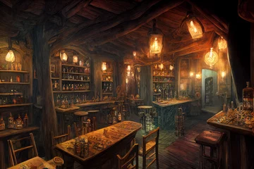 Fotobehang Warm lit friendly medieval fantasy tavern inn, lanterns, concept art interior, adventuring dungeons and dragons. © Lauren