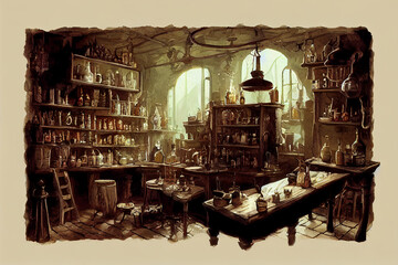 Alchemist workshop digital painting, fantasy wizard, sorcerer lab, dark, moody fantasy medieval interior laboratory, concept art - obrazy, fototapety, plakaty