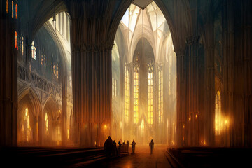 Fantasy medieval gothic cathedral concept art, dungeons and dragons, warm lighting, high ceilings, magical, cleric, religious