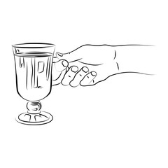 Hand holds glass of mulled wine. Traditional hot winter drink in glass goblet. Christmas alcohol warming drink with spices. Use for print, postcard, menu, label, poster. Sketch, linear contour drawing