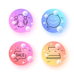 Buying process, Smile chat and Pillows minimal line icons. 3d spheres or balls buttons. Discounts bubble icons. For web, application, printing. Supermarket bag, Happy face, Night bed. Vector