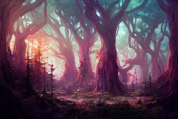 Fototapeta premium Feywild magical forest, dungeons and dragons adventuring concept art fantasy digital painting