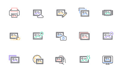 Photo line icons. Download picture, Print image, Photo camera icons. Edit image, Presentation and photo printer. Picture gallery carousel, placeholder pic. View portfolio. Vector