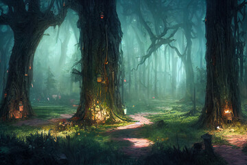 Magical glowing forest, dungeons and dragons fantasy concept art forest painting. Digital artwork, mysterious misty forest.