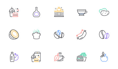 Dry cappuccino, Coffee beans and Coffee shop line icons for website, printing. Collection of Food delivery, Sausage, Cognac bottle icons. Coconut, Mint tea, Food order web elements. Vector
