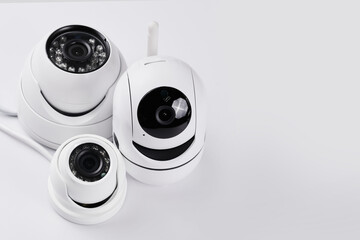 Surveillance cameras, set of different videcam, cctv cameras isolated on white background close up. home security system concept