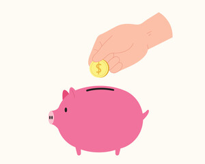 Hand holding coin to insert to pink piggy bank isolated on background. Concept of saving money, investing, financial management, bank deposit. finance. Flat vector illustration cartoon.