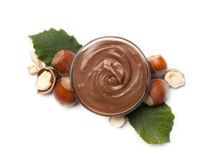 Hazelnuts cream with nuts isolated on white background, top view