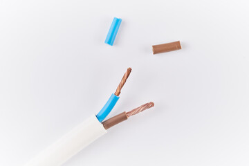 Electric cables, many copper wires with colored isolation isolated on white background