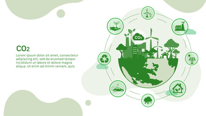 Co2 icon concept for reducing co2 emissions to stop climate change in the green circle. on the green world energy background. Emvironmemtal protection vector 
illustrator set. - obrazy, fototapety, plakaty