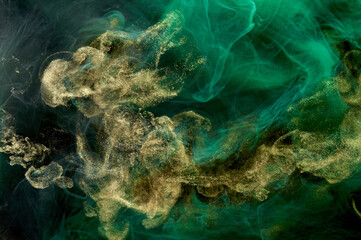 Golden sparkling abstract background, luxury green smoke, acrylic paint underwater explosion,...