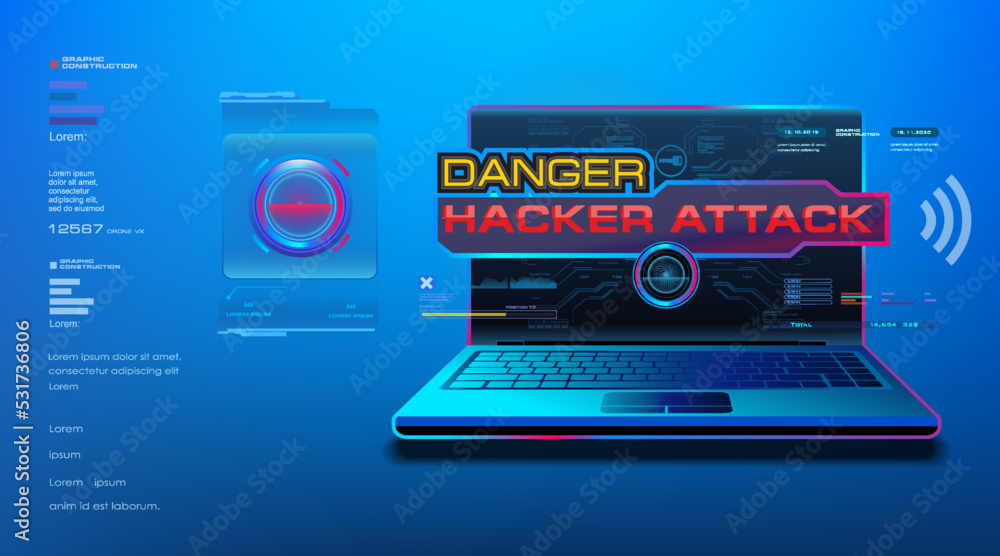 Poster attention! attack. danger for your computer. laptop with hacking danger screen. track down hacker at