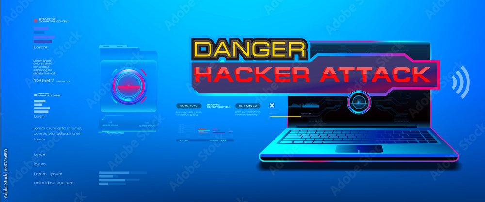 Poster pc cyberattack. laptop with hacking danger screen. hacker attack on your computer. protection of per