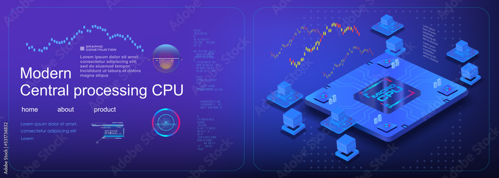 Poster powerful computer chip. process of the central processor on futuristic cyber background. processor f