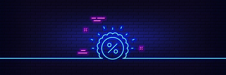 Neon light glow effect. Discount tag line icon. Sale offer sign. Promotion price symbol. 3d line neon glow icon. Brick wall banner. Discount outline. Vector