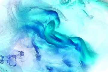 Fototapeta na wymiar Liquid fluid art abstract background. Blue acrylic paint underwater, galactic smoke ocean