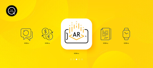Fototapeta na wymiar Augmented reality, Document signature and Recovery data minimal line icons. Yellow abstract background. Smartwatch, Currency exchange icons. For web, application, printing. Vector
