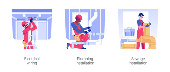 House utility infrastructure isolated concept vector illustration set. Electrical wiring, plumbing and sewage installation, water supply pipes, residential area construction vector cartoon.