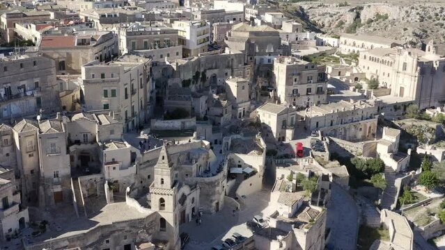 Aerial view on the Sassi di Matera, located in Basilicata, Italy. They represent the historic center of the city and are a World Heritage Site. They are rupestrian architectures carved into the rock.