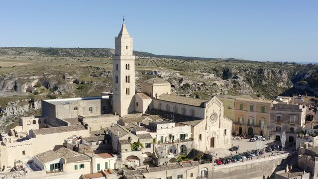 Aerial view of Cathedral of Madonna della Bruna and Sant'Eustachio located in Matera, Basilicata, Italy. It's the main Catholic place in the city. The church was built in the Apulian Romanesque style