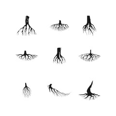 Set of Black Tree Roots. Vector outline Illustration. Plant and Garden.