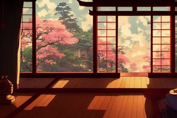 Gordijnen Fantasie Japanse schrijn met ramen uitzicht torii buiten. 3D render anime stijl behang. © Fokasu Art