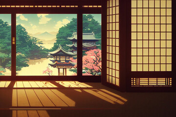 Fantasy japanese shrine with windows view torii outside. 3d render anime style wallpaper. - obrazy, fototapety, plakaty