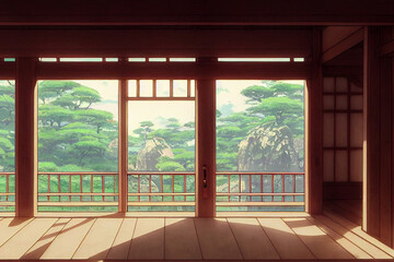 Fantasy japanese shrine with windows view torii outside. 3d render anime style wallpaper.