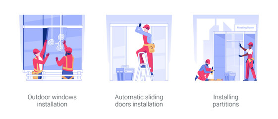 Ceiling and walls works isolated concept vector illustration set. Outdoor windows installation, automatic sliding doors, installing partitions, commercial construction vector cartoon.