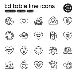 Set of Love outline icons. Contains icons as Couple love, Say yes and Lgbt elements. Love letter, Heart, Dating app web signs. Ask me, Inclusion, Friends world elements. Wedding glasses. Vector