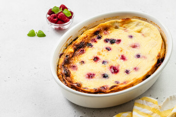 Raspberry creamy cottage cheese casserole, cheese cake. Top view, copy space, top view.