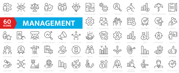 Fototapeta Management line icon set. Business and management collection. Manager, teamwork, strategy, marketing, business, planning. obraz