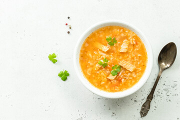 rice walnut beef soup. Top view, flat lay, copy space.