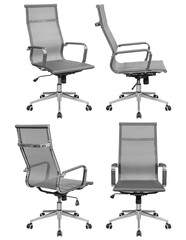 Grey office chair with mesh back. Isolated from the background. View from different sides