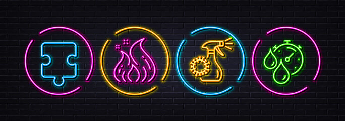Coronavirus spray, Puzzle and Fire energy minimal line icons. Neon laser 3d lights. Timer icons. For web, application, printing. Covid antiseptic, Puzzle piece, Flame. Drying time. Vector