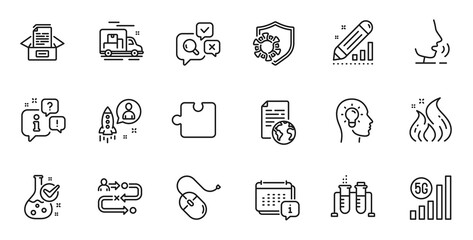 Outline set of Idea head, 5g wifi and Journey path line icons for web application. Talk, information, delivery truck outline icon. Include Documents box, Startup, Inspect icons. Vector