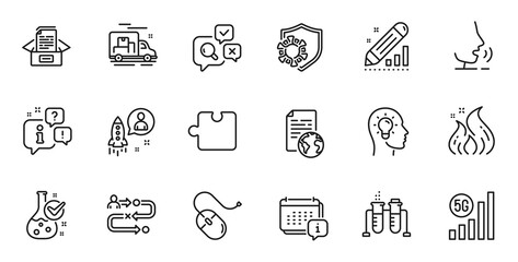 Outline set of Idea head, 5g wifi and Journey path line icons for web application. Talk, information, delivery truck outline icon. Include Documents box, Startup, Inspect icons. Vector